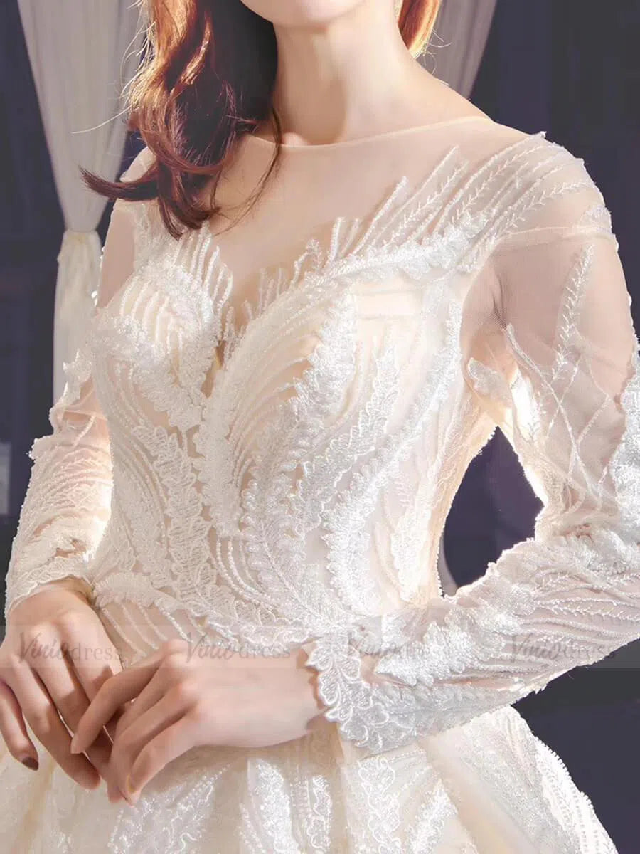 Long Sleeve Champagne Wedding Gowns Online VW1175-wedding dresses-Viniodress-Viniodress