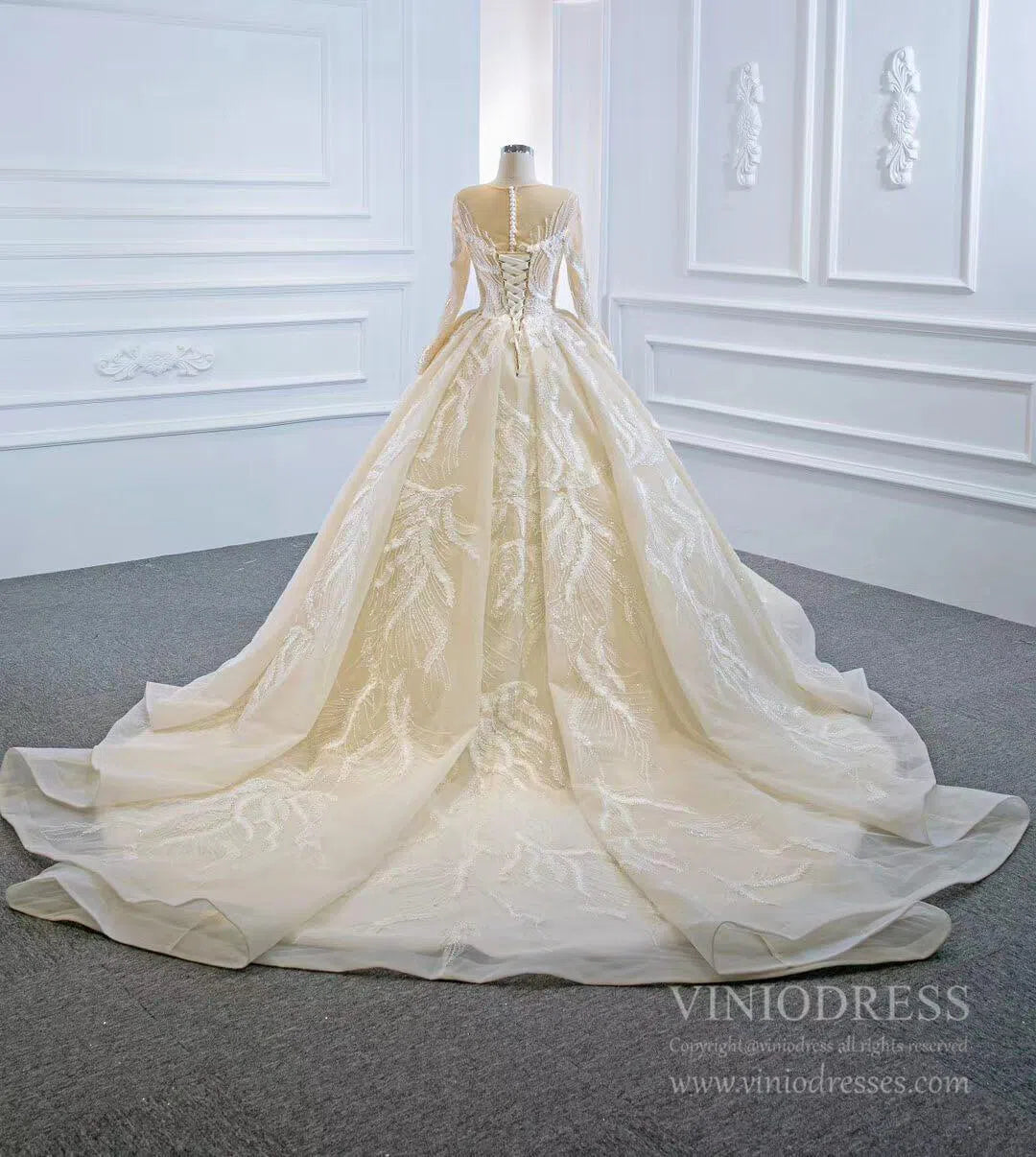 Long Sleeve Champagne Wedding Gowns Online VW1175-wedding dresses-Viniodress-Viniodress