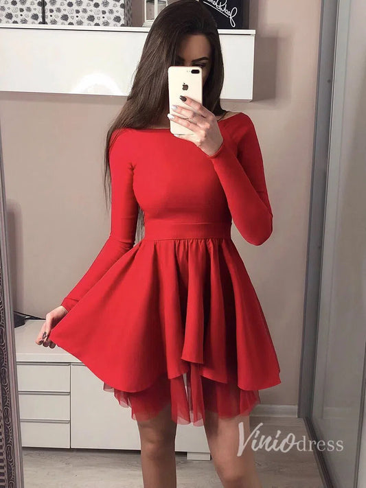 Short Prom Dresses 2025 Long Sleeve Chic Short Party Dress Red Homecoming Dresses FD1299-homecoming dresses-Viniodress-Red-Custom Size-Viniodress