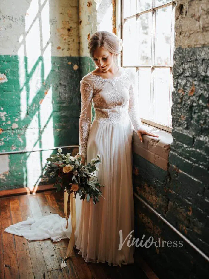 Long Sleeve Country Wedding Dresses Backless Fall Wedding Dress VW1079-wedding dresses-Viniodress-Viniodress