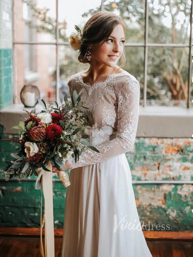 Long Sleeve Country Wedding Dresses Backless Fall Wedding Dress VW1079-wedding dresses-Viniodress-Viniodress