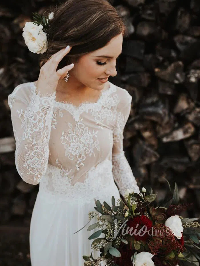 Long Sleeve Country Wedding Dresses Backless Fall Wedding Dress VW1079-wedding dresses-Viniodress-Viniodress