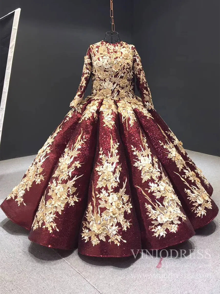 Long Sleeve Customized Ball Gowns for Muslims 66704 viniodress-prom dresses 2025 -Viniodress-Burgundy-Custom Size-