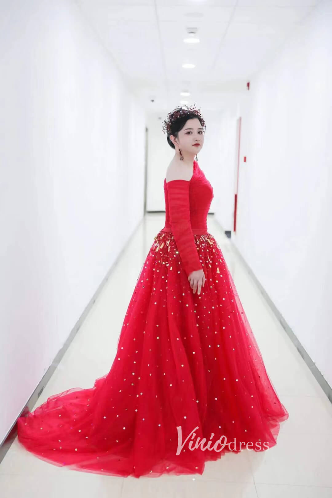 Long Sleeve Dark Blue Formal Dresses A-line Pageant Dress 67556-prom dresses 2025 -Viniodress-Navy Blue-Custom Size-