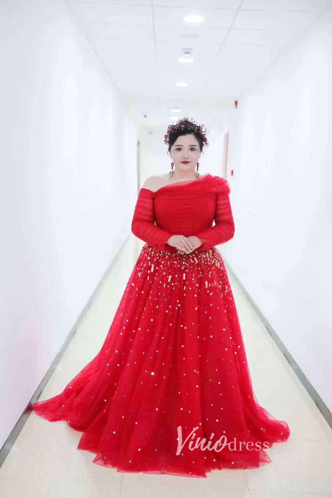 Long Sleeve Dark Blue Formal Dresses A-line Pageant Dress 67556-prom dresses 2025 -Viniodress-Navy Blue-Custom Size-