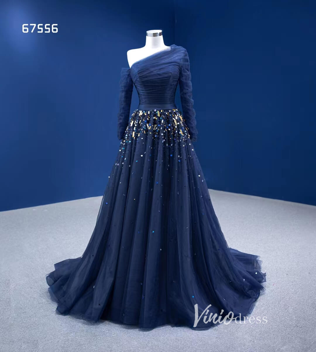 Long Sleeve Dark Blue Formal Dresses A-line Pageant Dress 67556-prom dresses 2025 -Viniodress-Navy Blue-Custom Size-