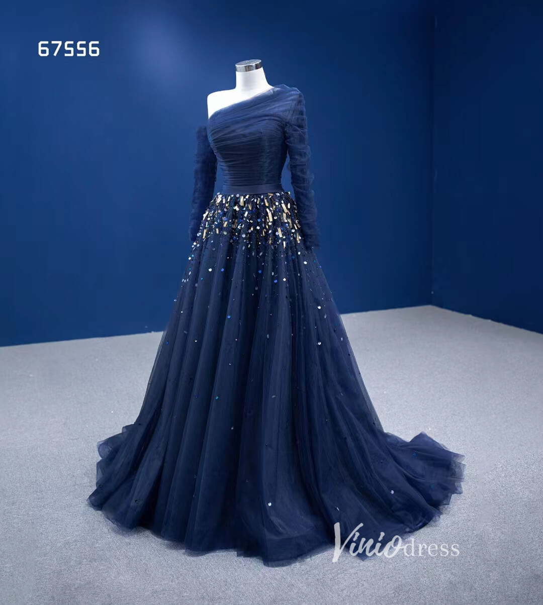Long Sleeve Dark Blue Formal Dresses A-line Pageant Dress 67556-prom dresses 2025 -Viniodress-Navy Blue-Custom Size-
