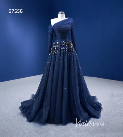 Long Sleeve Dark Blue Formal Dresses A-line Pageant Dress 67556-prom dresses 2025 -Viniodress-Navy Blue-Custom Size-