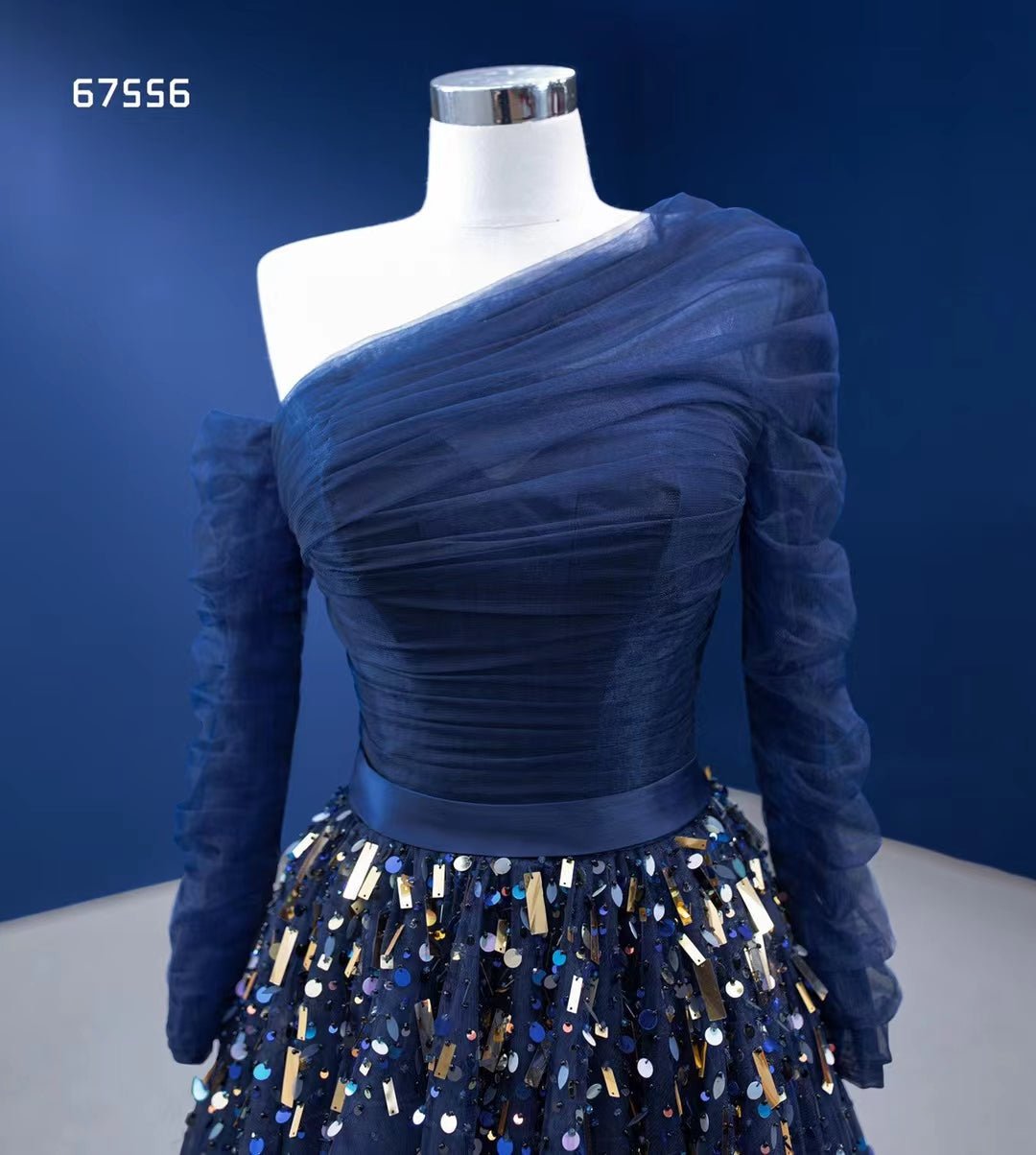 Long Sleeve Dark Blue Formal Dresses A-line Pageant Dress 67556-prom dresses 2025 -Viniodress-Navy Blue-Custom Size-