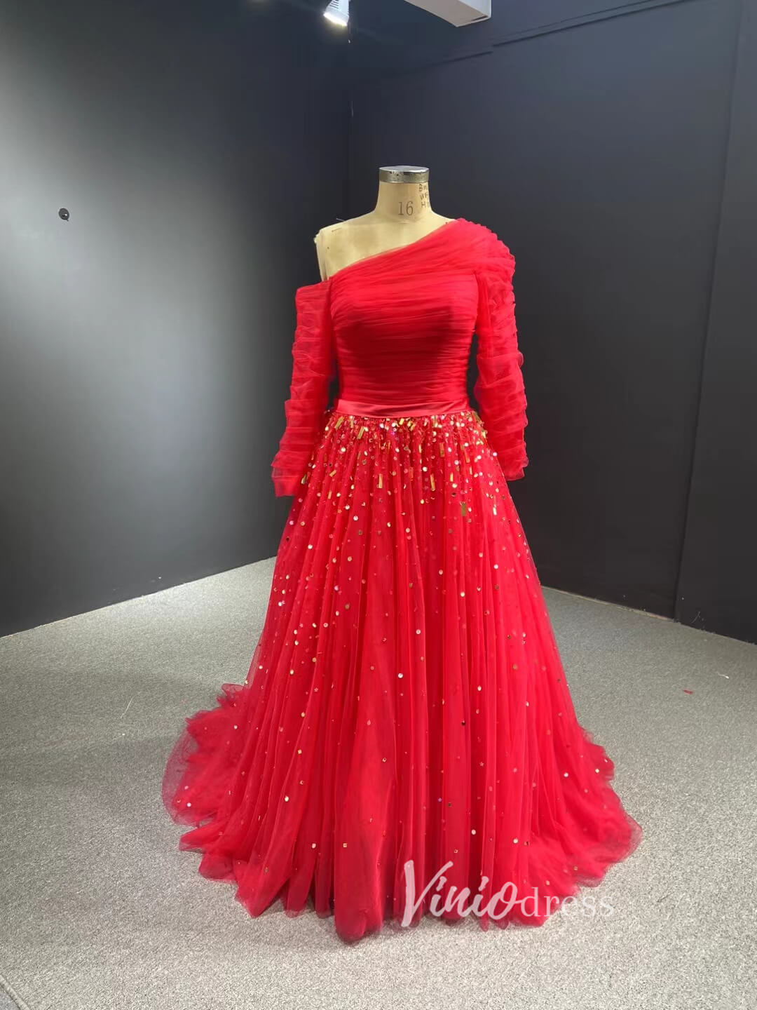 Long Sleeve Dark Blue Formal Dresses A-line Pageant Dress 67556-prom dresses 2025 -Viniodress-Red-Custom Size-