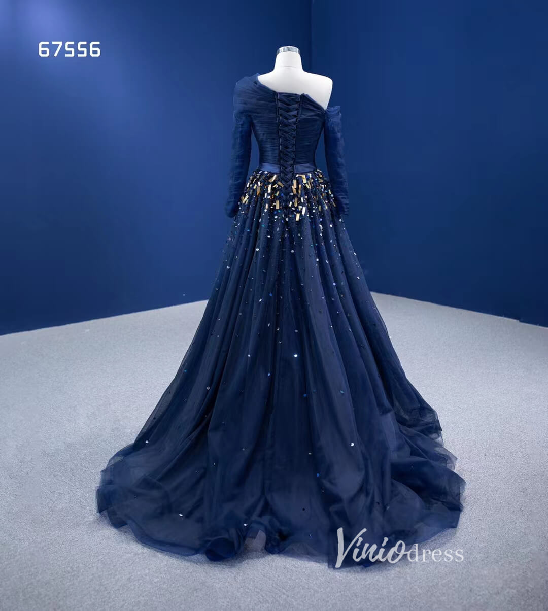 Prom Dress 2025 Long Sleeve Dark Blue Formal Dresses A-line Pageant Dress 67556-unique prom dresses-Navy Blue-Custom Size-Viniodress