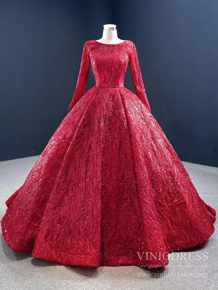 Long Sleeve Dark Red Ball Gown Prom Dresses Sparkly Quinceanera Dress 67121 viniodress-Quinceanera Dresses 2025 -Viniodress-Dark Red-Custom Size-