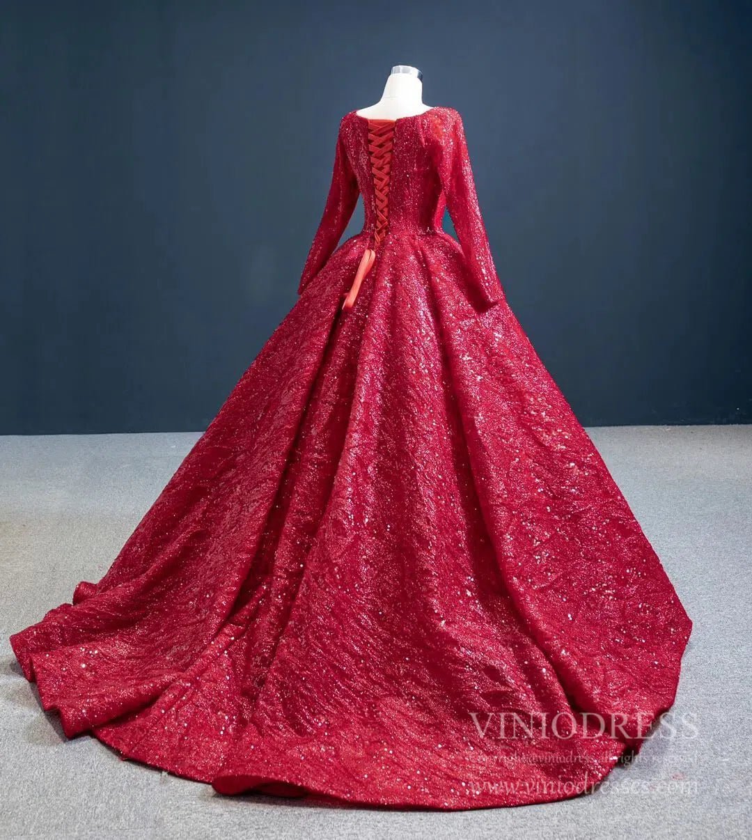 Long Sleeve Dark Red Ball Gown Prom Dresses Sparkly Quinceanera Dress 67121 viniodress-Quinceanera Dresses 2025 -Viniodress-Dark Red-Custom Size-