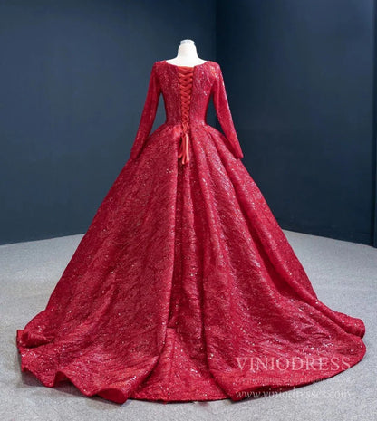 Long Sleeve Dark Red Ball Gown Prom Dresses Sparkly Quinceanera Dress 67121 viniodress-Quinceanera Dresses 2025 -Viniodress-Dark Red-Custom Size-