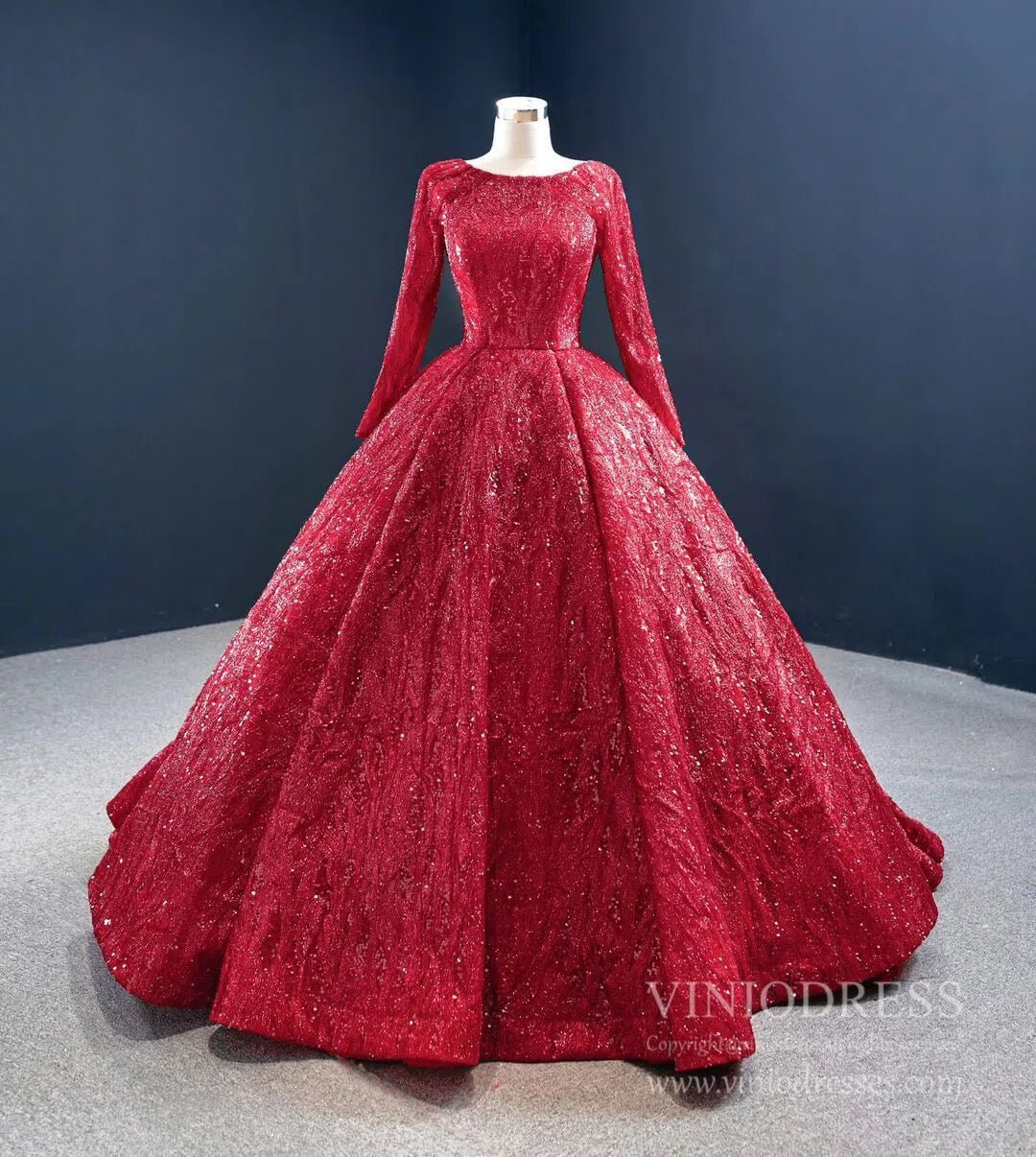 Long Sleeve Dark Red Ball Gown Prom Dresses Sparkly Quinceanera Dress 67121 viniodress-Quinceanera Dresses 2025 -Viniodress-Dark Red-Custom Size-