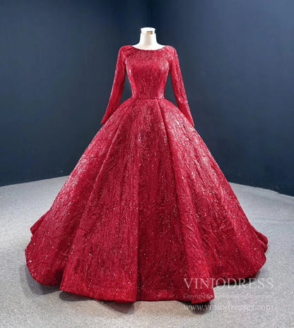 Long Sleeve Dark Red Ball Gown Prom Dresses Sparkly Quinceanera Dress 67121 viniodress-Quinceanera Dresses 2025 -Viniodress-Dark Red-Custom Size-