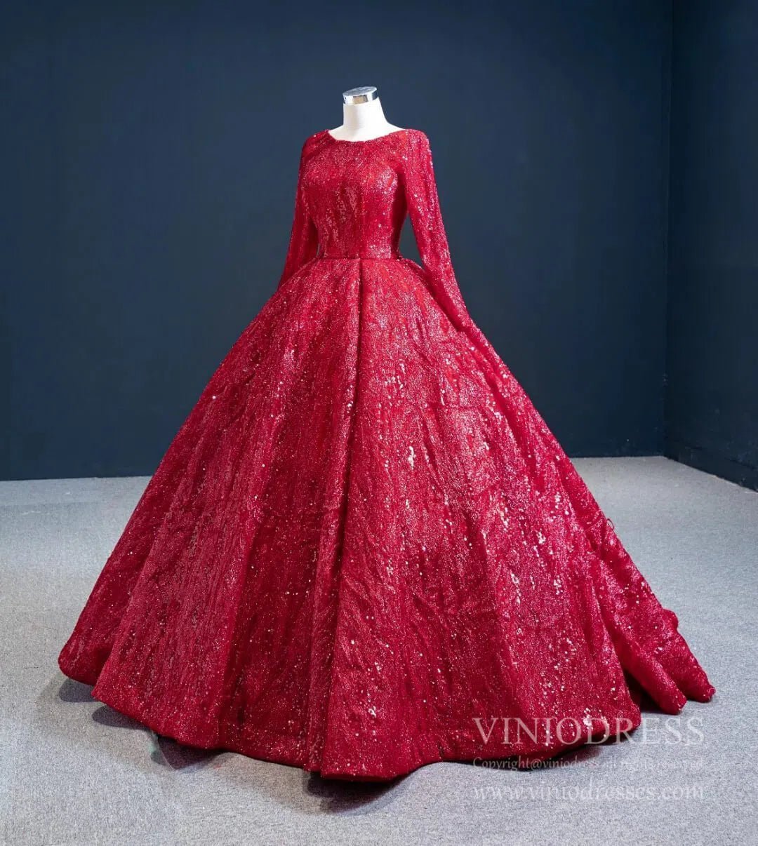 Long Sleeve Dark Red Ball Gown Prom Dresses Sparkly Quinceanera Dress 67121 viniodress-Quinceanera Dresses 2025 -Viniodress-Dark Red-Custom Size-