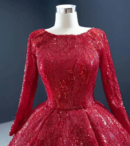 Long Sleeve Dark Red Ball Gown Prom Dresses Sparkly Quinceanera Dress 67121 viniodress-Quinceanera Dresses 2025 -Viniodress-Dark Red-Custom Size-