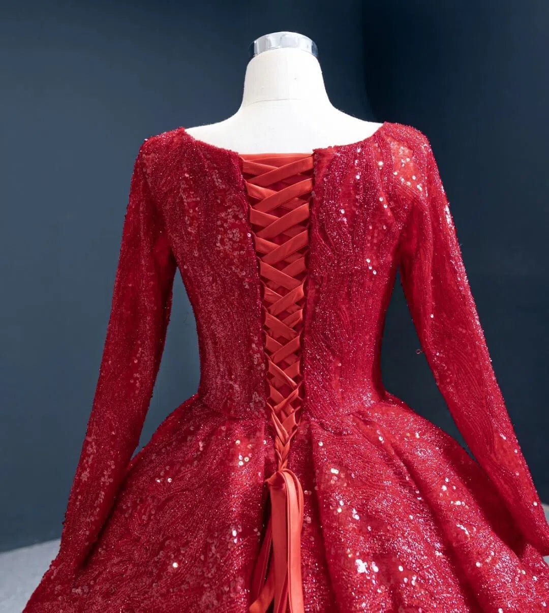 Long Sleeve Dark Red Ball Gown Prom Dresses Sparkly Quinceanera Dress 67121 viniodress-Quinceanera Dresses 2025 -Viniodress-Dark Red-Custom Size-