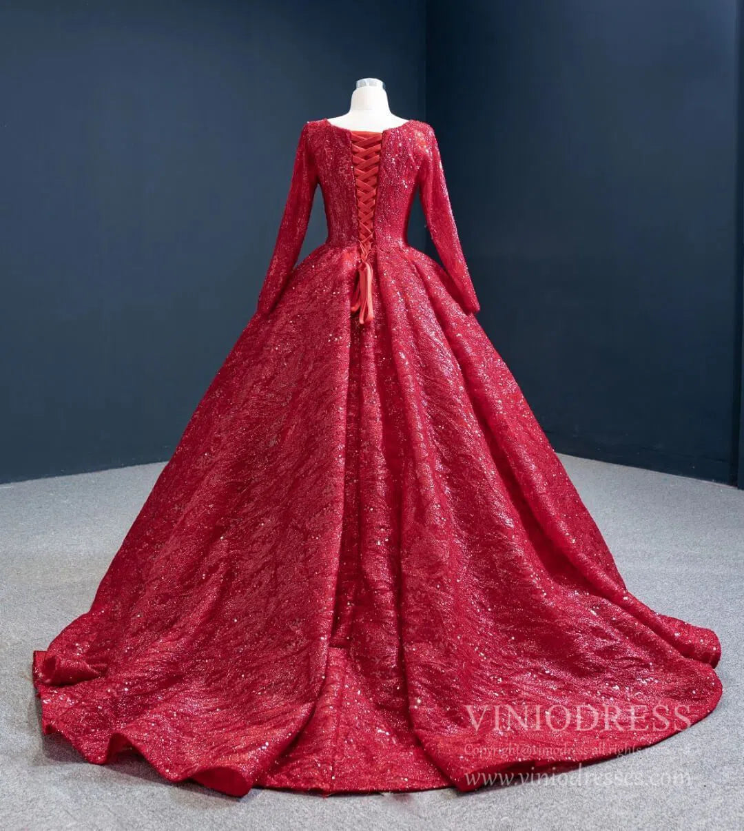 Quinceanera Dresses 2025 Long Sleeve Dark Red Ball Gown Prom Dresses Sparkly Quinceanera Dress 67121 viniodress-plus size wedding dresses Viniodress-Dark Red-Custom Size-