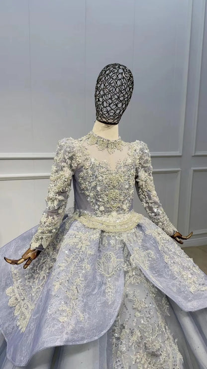 Long Sleeve Dusty Blue Pageant Gowns for Kids KD1006-Pageant Dresses for Kids 2025 -Viniodress-Dusty Blue-Custom Size-