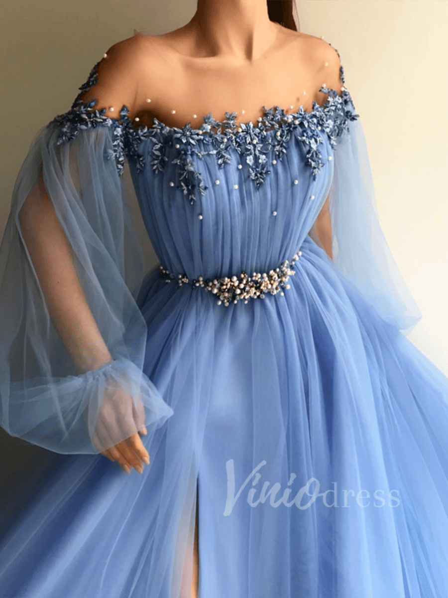 Long Sleeve Dusty Blue Prom Dresses with Side Slit FD1534 – Viniodress Long Sleeve Dusty Blue Prom Dresses with Side Slit FD1534 – Viniodress