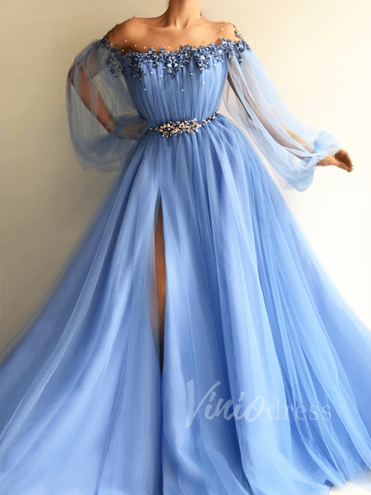 Long Sleeve Dusty Blue Prom Dresses with Side Slit FD1534-prom dresses 2025 -Viniodress-As Picture-Custom Size-