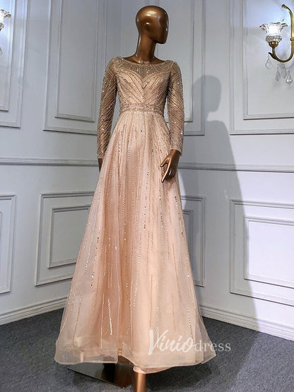 Long Sleeve Evening Dress Beaded Mother of the Bride Dresses 20038-Evening Dresses 2025 -Viniodress-Champagne-US 2-