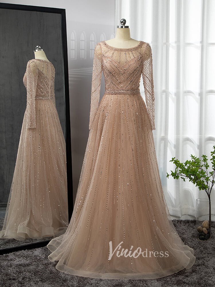 Long Sleeve Evening Dress Beaded Mother of the Bride Dresses 20038-Evening Dresses 2025 -Viniodress-Silver-US 2-