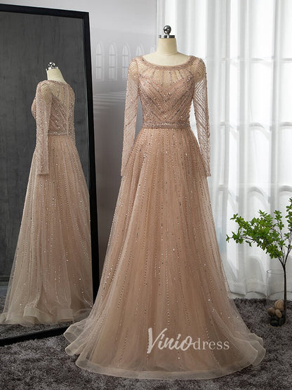 Long Sleeve Evening Dress Beaded Mother of the Bride Dresses 20038-Evening Dresses 2025 -Viniodress-Silver-US 2-