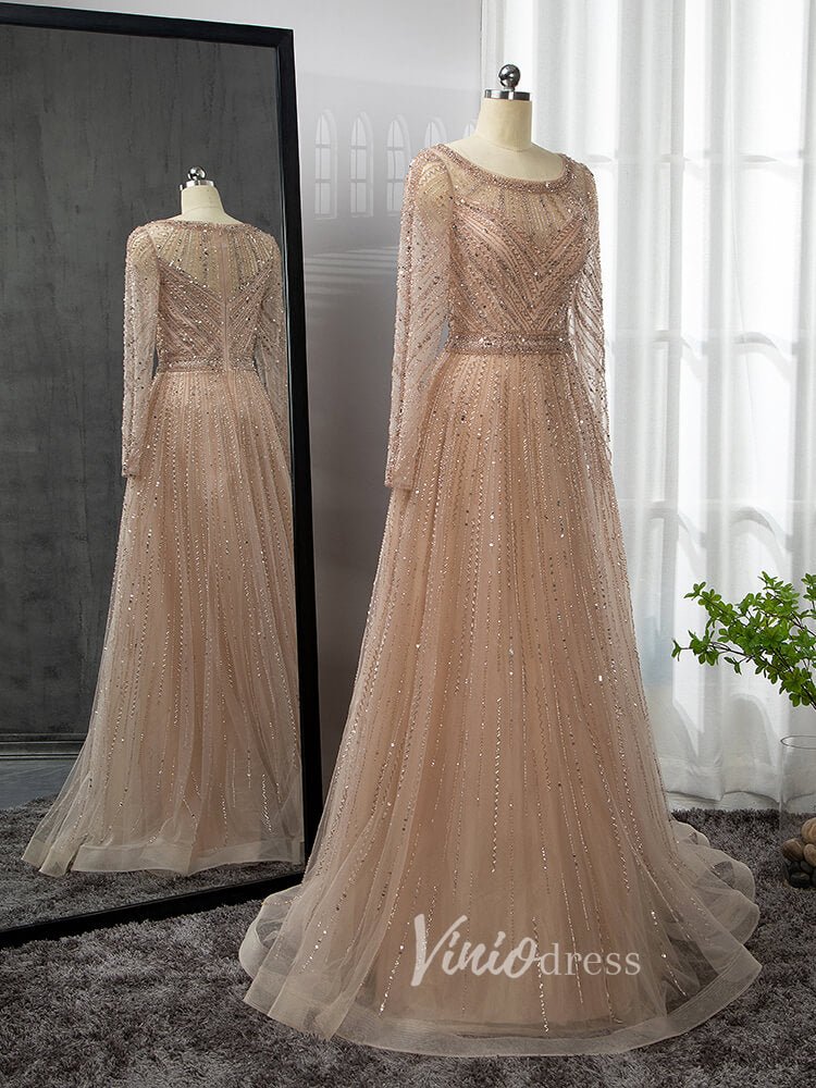 Long Sleeve Evening Dress Beaded Mother of the Bride Dresses 20038-Evening Dresses 2025 -Viniodress-Silver-US 2-