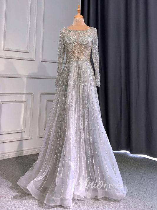 Long Sleeve Evening Dress Beaded Mother of the Bride Dresses 20038-Evening Dresses 2025 -Viniodress-Silver-US 2-