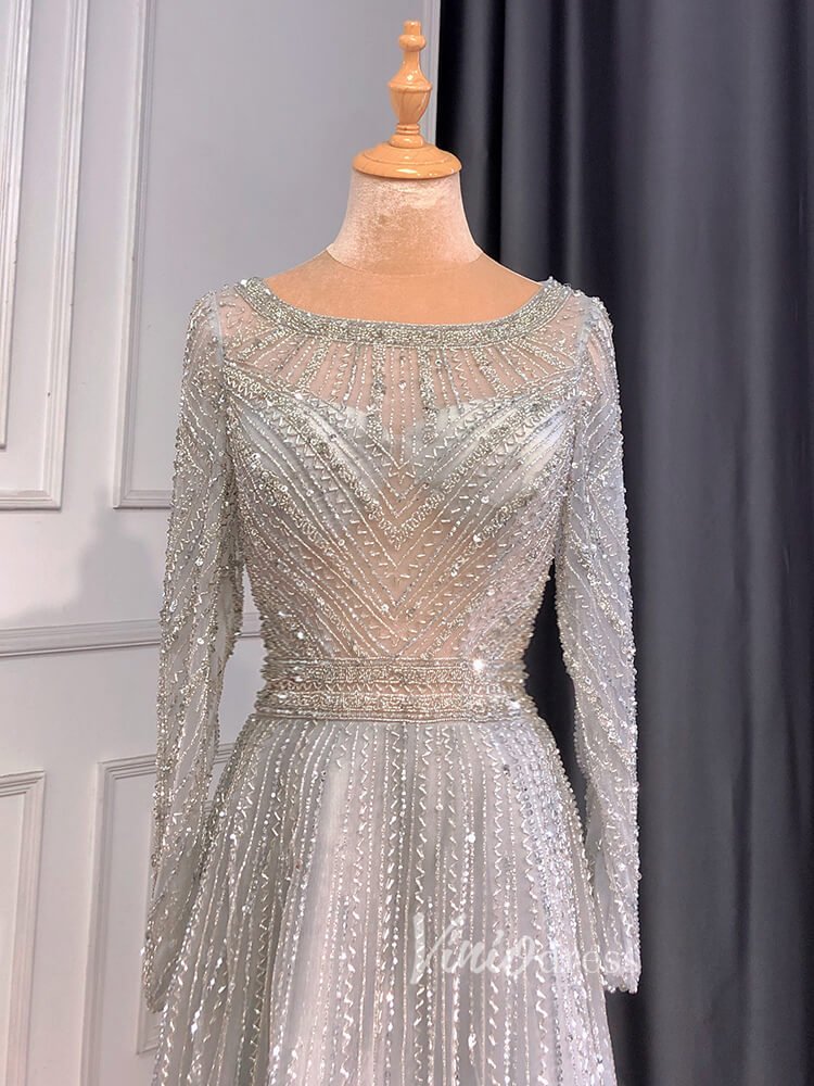Long Sleeve Evening Dress Beaded Mother of the Bride Dresses 20038-Evening Dresses 2025 -Viniodress-Silver-US 2-