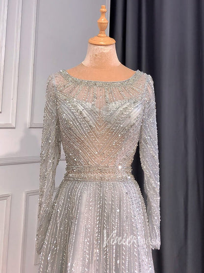 Long Sleeve Evening Dress Beaded Mother of the Bride Dresses 20038-Evening Dresses 2025 -Viniodress-Silver-US 2-