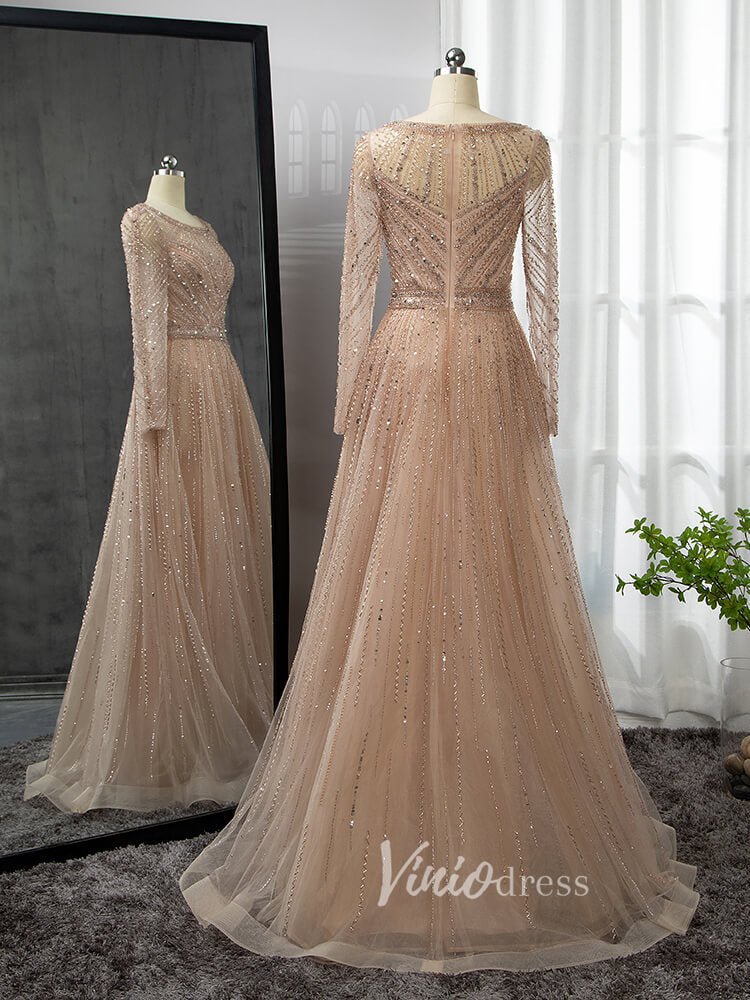 Long Sleeve Evening Dress Beaded Mother of the Bride Dresses 20038-Evening Dresses 2025 -Viniodress-Silver-US 2-
