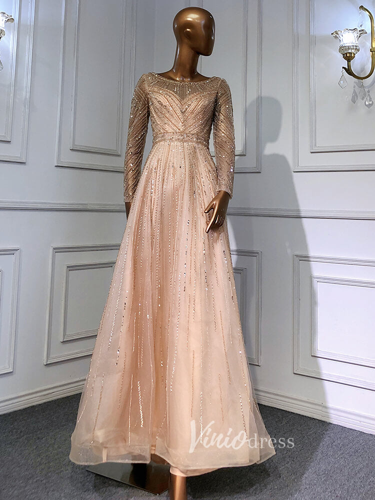 Prom Dress 2025 Long Sleeve Evening Dress Beaded Mother of the Bride Dresses 20038-unique prom dresses-Champagne-US 2-Viniodress