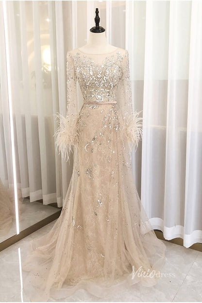 Long Sleeve Feather Silver Prom Dresses Sheath Evening Dress FD2607-Evening Dresses 2025 -VINIODRESS-Champagne-US2-
