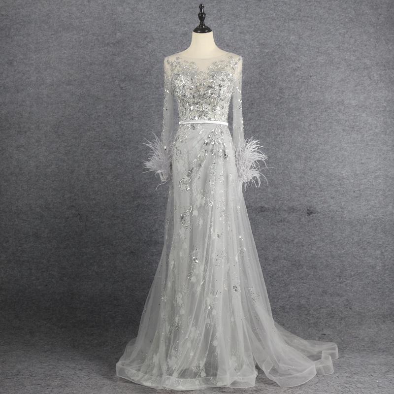 Long Sleeve Feather Silver Prom Dresses Sheath Evening Dress FD2607-Evening Dresses 2025 -VINIODRESS-Silver-US2-