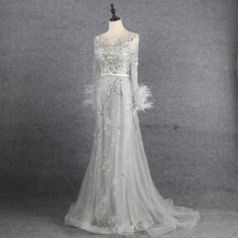 Long Sleeve Feather Silver Prom Dresses Sheath Evening Dress FD2607-Evening Dresses 2025 -VINIODRESS-Silver-US2-