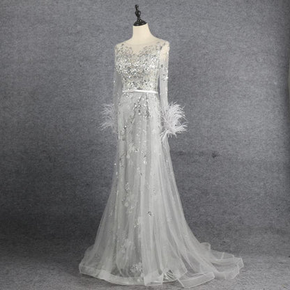 Long Sleeve Feather Silver Prom Dresses Sheath Evening Dress FD2607-Evening Dresses 2025 -VINIODRESS-Silver-US2-