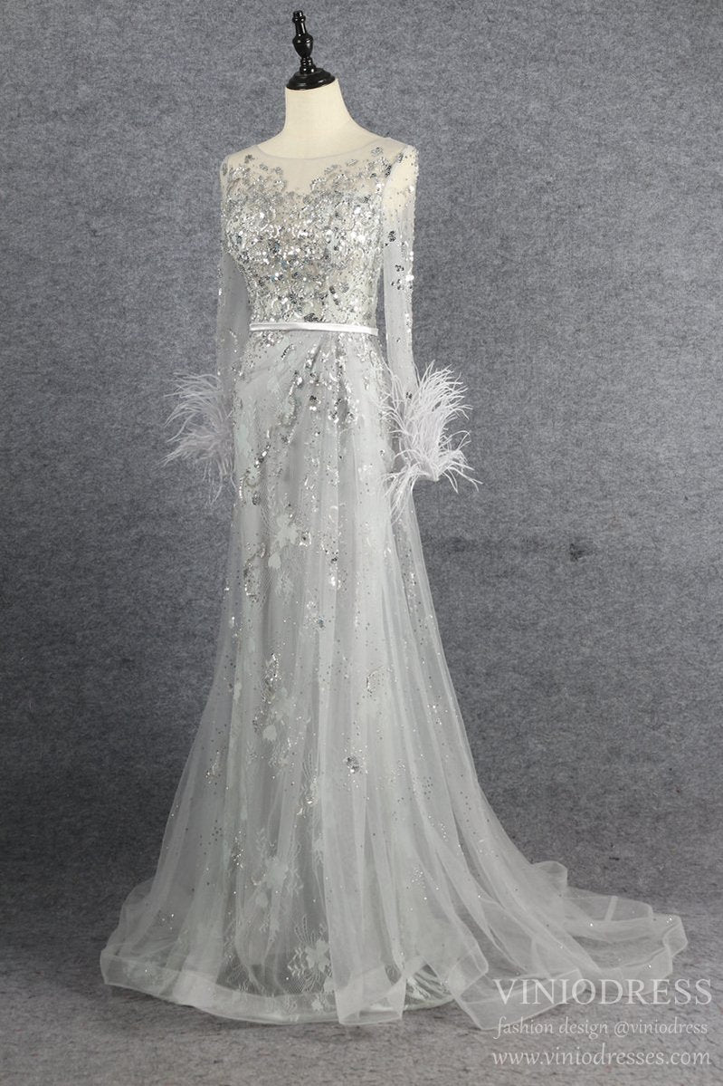 Long Sleeve Feather Silver Prom Dresses Sheath Evening Dress FD2607-Evening Dresses 2025 -VINIODRESS-Silver-US2-