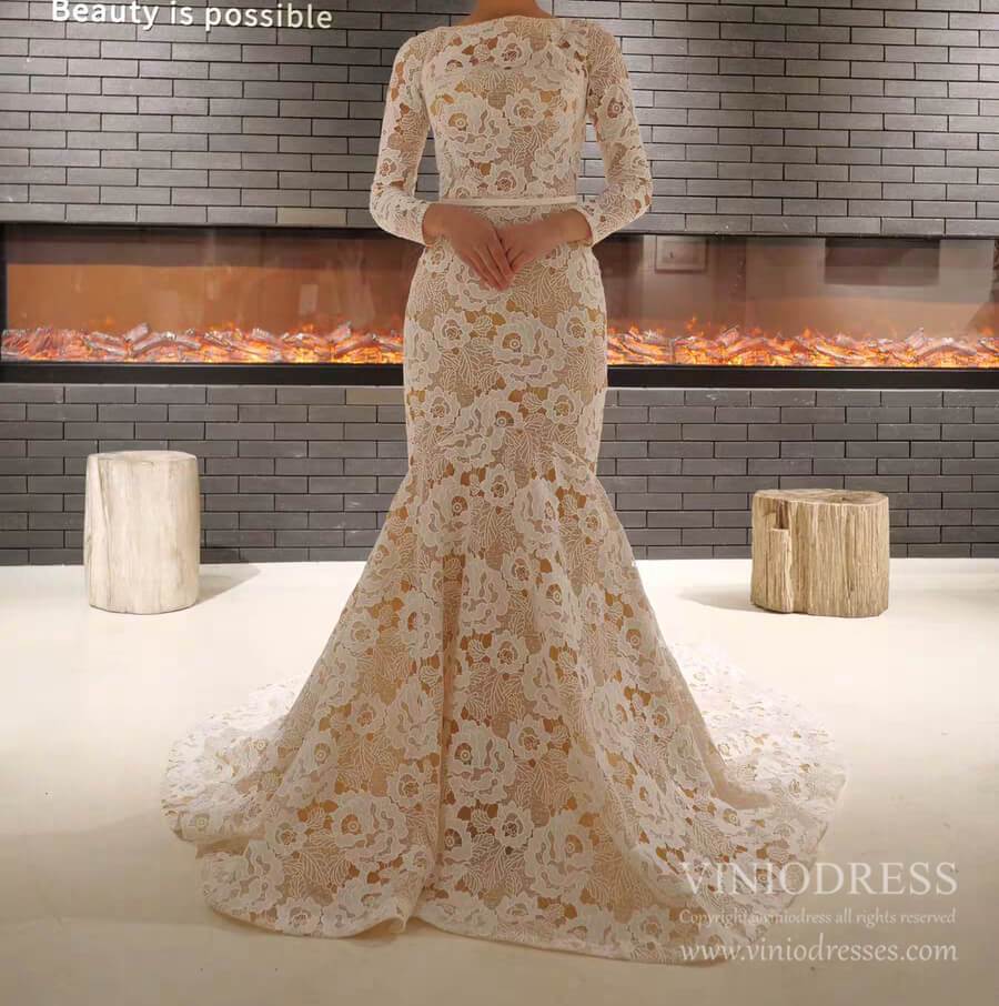 Long Sleeve Floral Lace Mermaid Wedding Dresses Champagne Trumpet Dress VW1523-wedding dresses-Viniodress-Viniodress