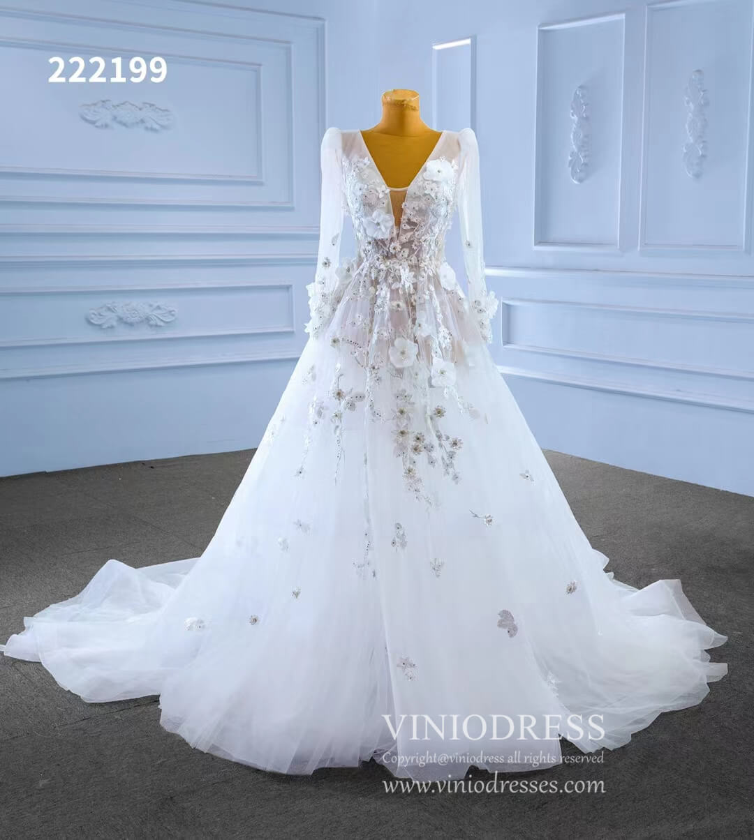 Long Sleeve Floral Wedding Dresses A-line Modern Wedding Gown 222199-wedding dresses 2025 -Viniodress-Ivory-Custom Size-