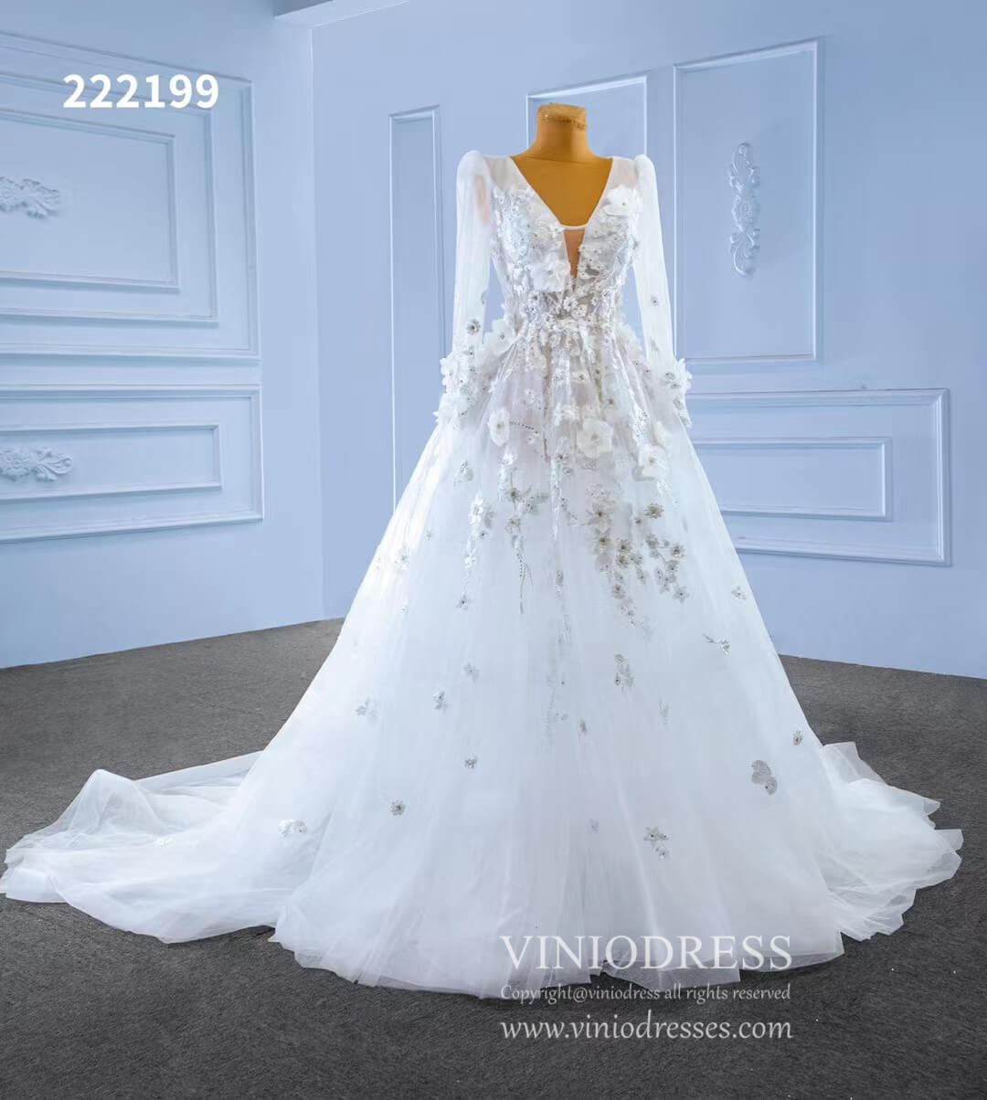 Long Sleeve Floral Wedding Dresses A-line Modern Wedding Gown 222199-wedding dresses 2025 -Viniodress-Ivory-Custom Size-