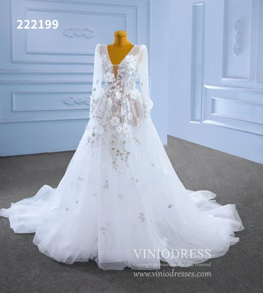 Long Sleeve Floral Wedding Dresses A-line Modern Wedding Gown 222199-wedding dresses 2025 -Viniodress-Ivory-Custom Size-
