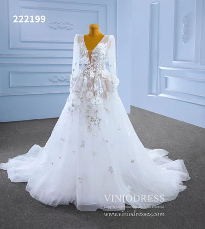 Long Sleeve Floral Wedding Dresses A-line Modern Wedding Gown 222199-wedding dresses 2025 -Viniodress-Ivory-Custom Size-