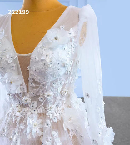 Long Sleeve Floral Wedding Dresses A-line Modern Wedding Gown 222199-wedding dresses 2025 -Viniodress-Ivory-Custom Size-
