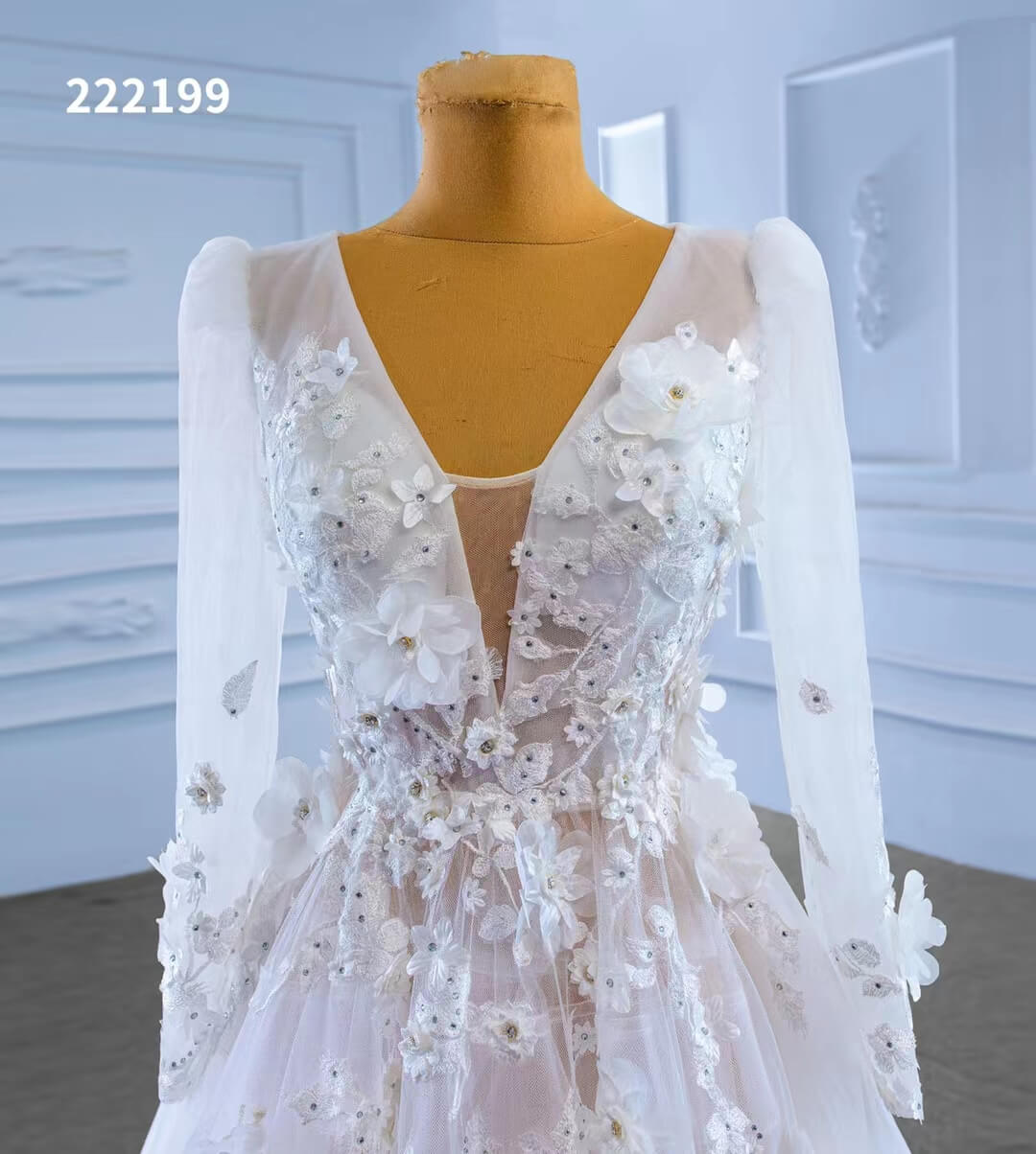 Long Sleeve Floral Wedding Dresses A-line Modern Wedding Gown 222199-wedding dresses 2025 -Viniodress-Ivory-Custom Size-