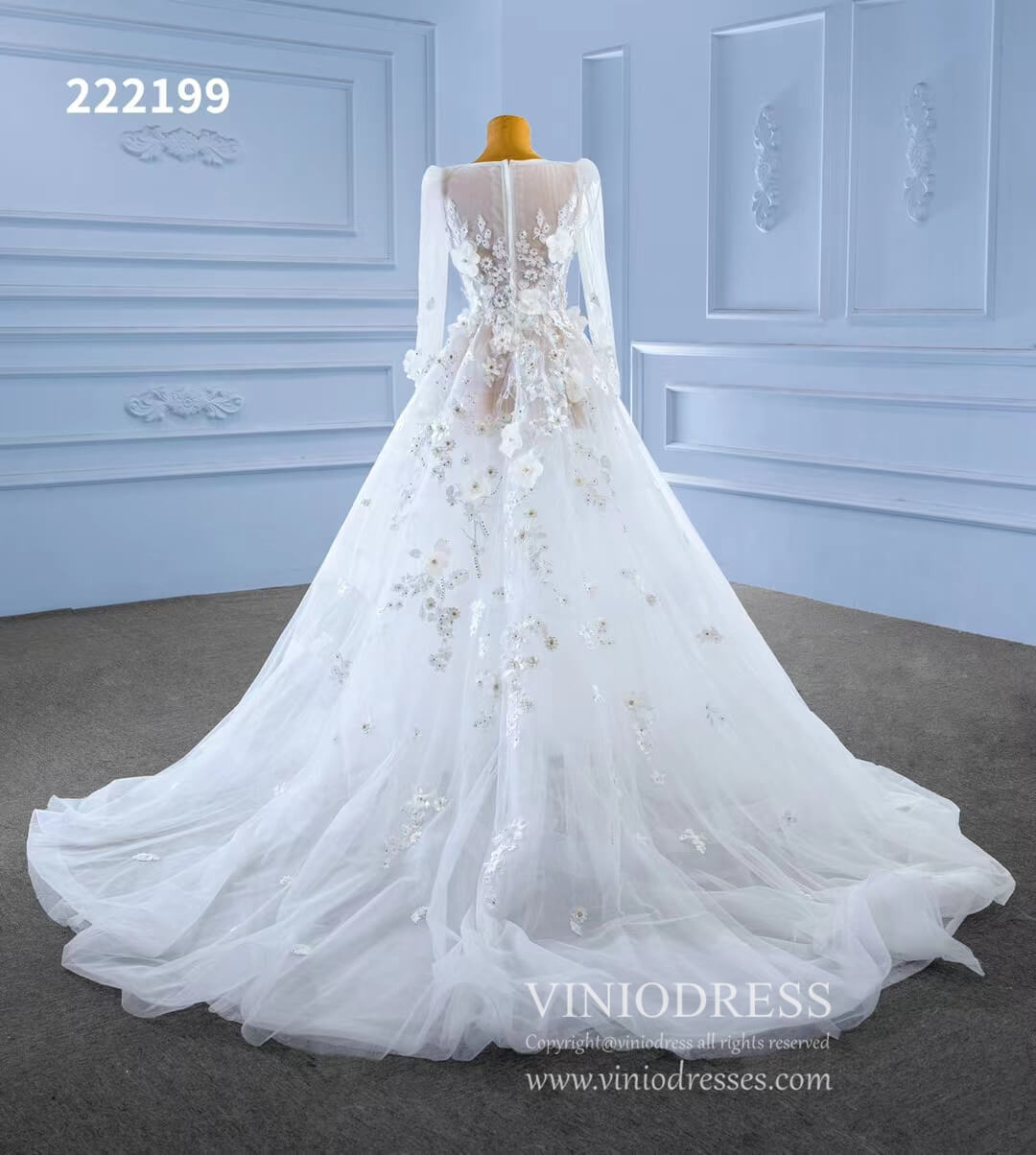 Long Sleeve Floral Wedding Dresses A-line Modern Wedding Gown 222199-wedding dresses-Viniodress-Viniodress