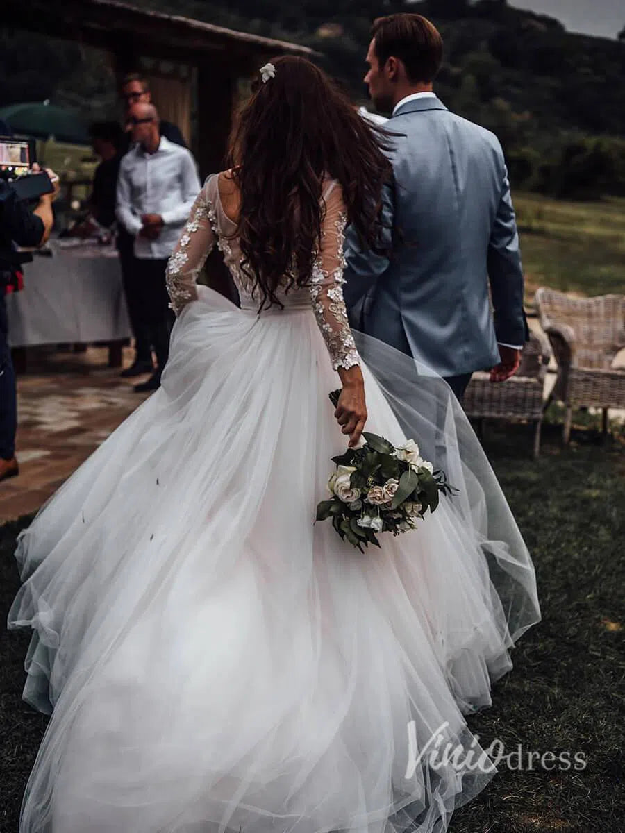 Long Sleeve Floral Wedding Dresses Rustic Bridal Dress Viniodress VW1117-wedding dresses-Viniodress-Viniodress